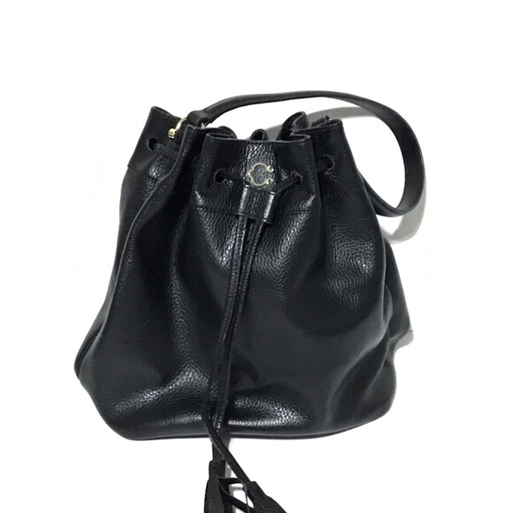 C Wonder Bucket Shopper Drawstring Tote Bag Shoulder Bag Black Pebbled Leather - Picture 2 of 16
